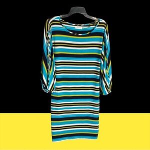 Calvin Klein Blue, White, Black, Yellow Striped Dress w Large Slit Sleeves Wm 4